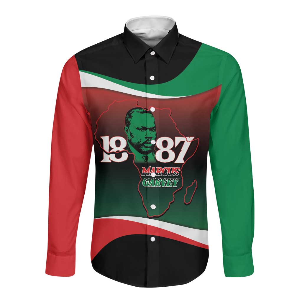 Marcus Garvey 1887 Long Sleeve Button Shirt African Map Curves Style - African Pride