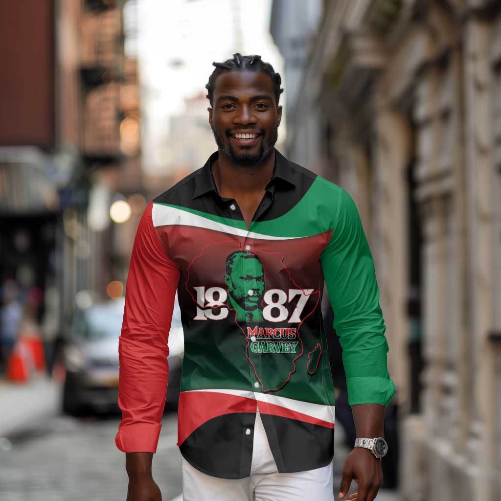Marcus Garvey 1887 Long Sleeve Button Shirt African Map Curves Style - African Pride