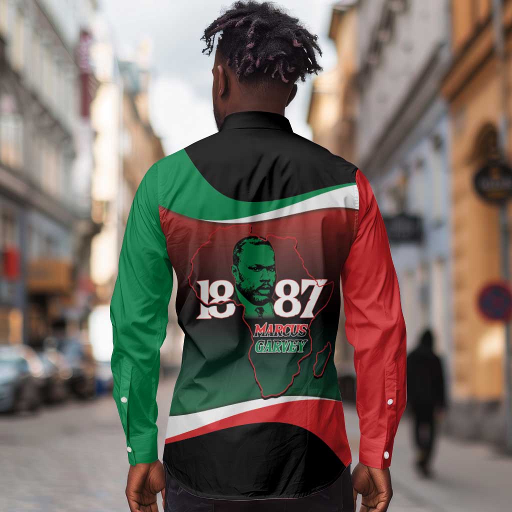 Marcus Garvey 1887 Long Sleeve Button Shirt African Map Curves Style - African Pride