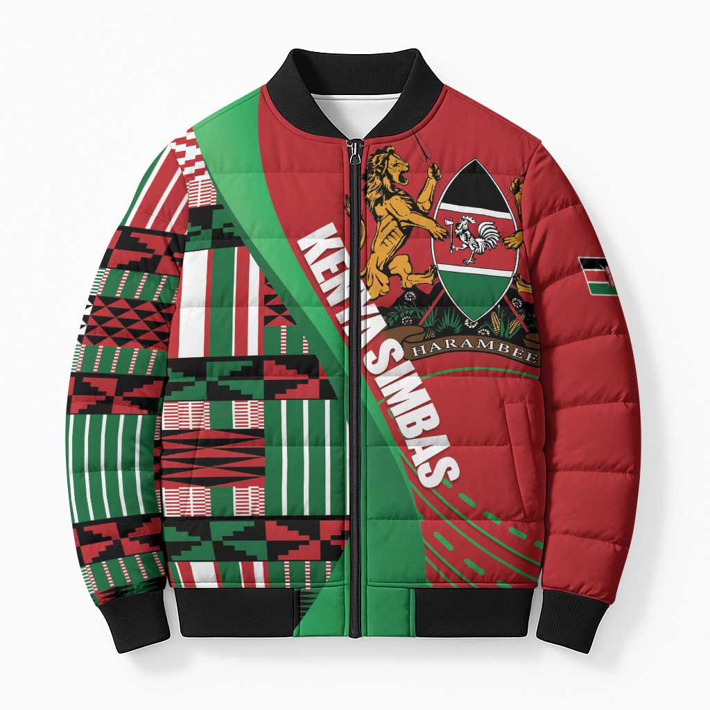 Custom Kenya Cricket Bomber Puffer Jacket Come On Simbas Kente Pattern