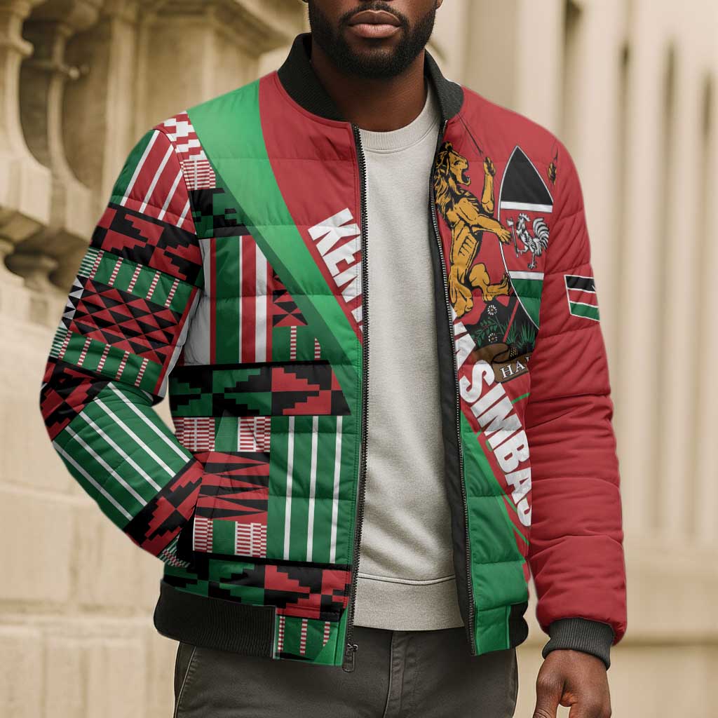 Custom Kenya Cricket Bomber Puffer Jacket Come On Simbas Kente Pattern