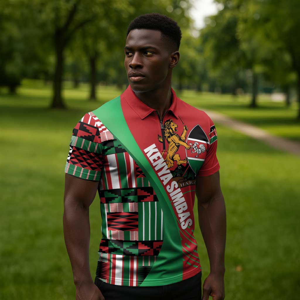 Custom Kenya Cricket Zipper Polo Shirt Come On Simbas Kente Pattern