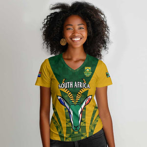 Custom South Africa Rugby Women V-Neck T-Shirt Go Springboks Kente With Bokke