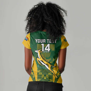 Custom South Africa Rugby Women V-Neck T-Shirt Go Springboks Kente With Bokke