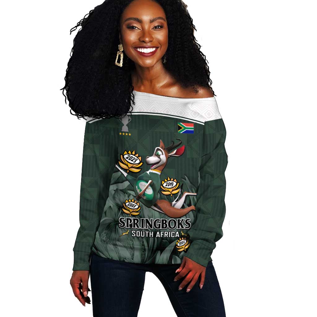 South Africa Rugby Off Shoulder Sweater Springboks 4th Champions World Cup Proud Bokke