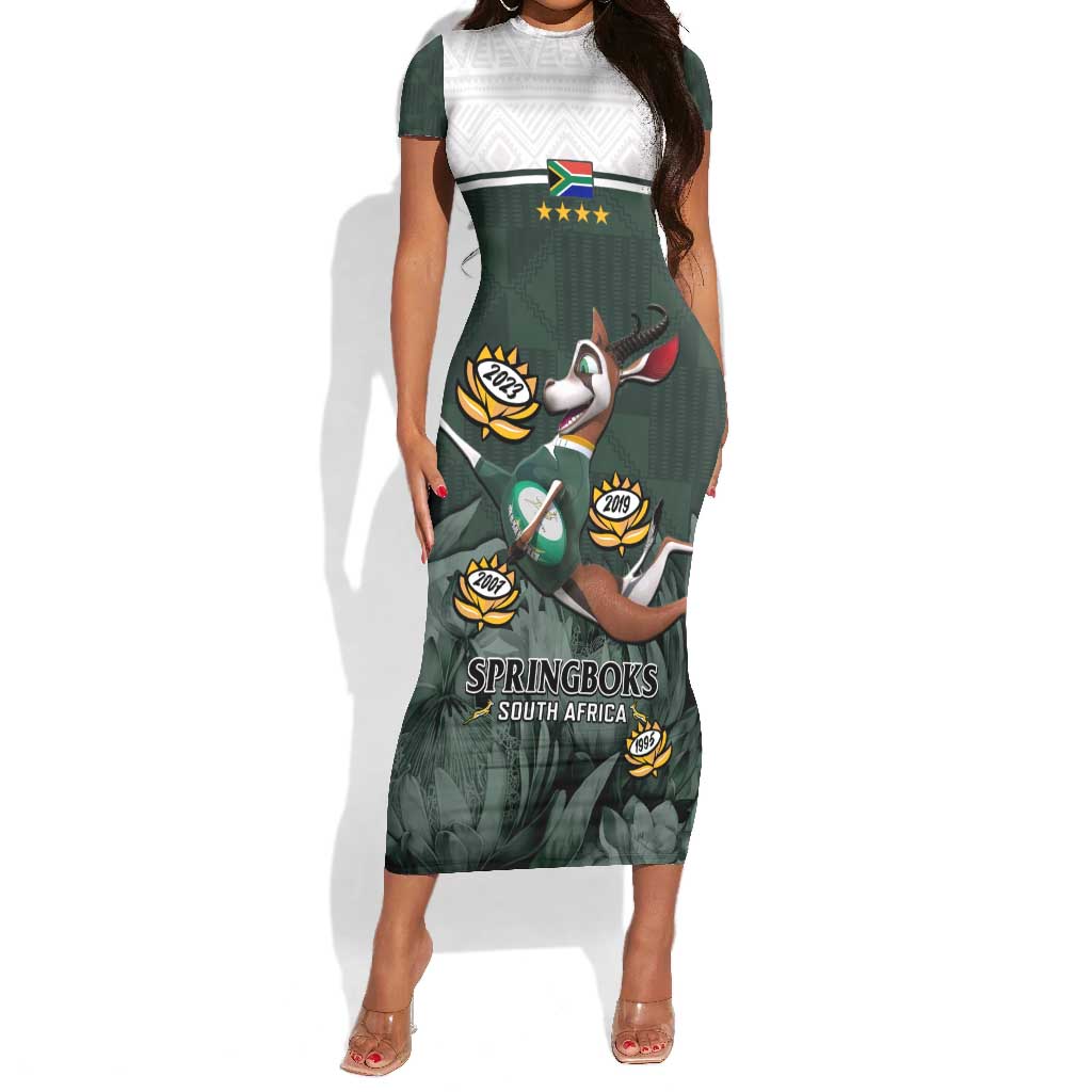 South Africa Rugby Short Sleeve Bodycon Dress Springboks 4th Champions World Cup Proud Bokke