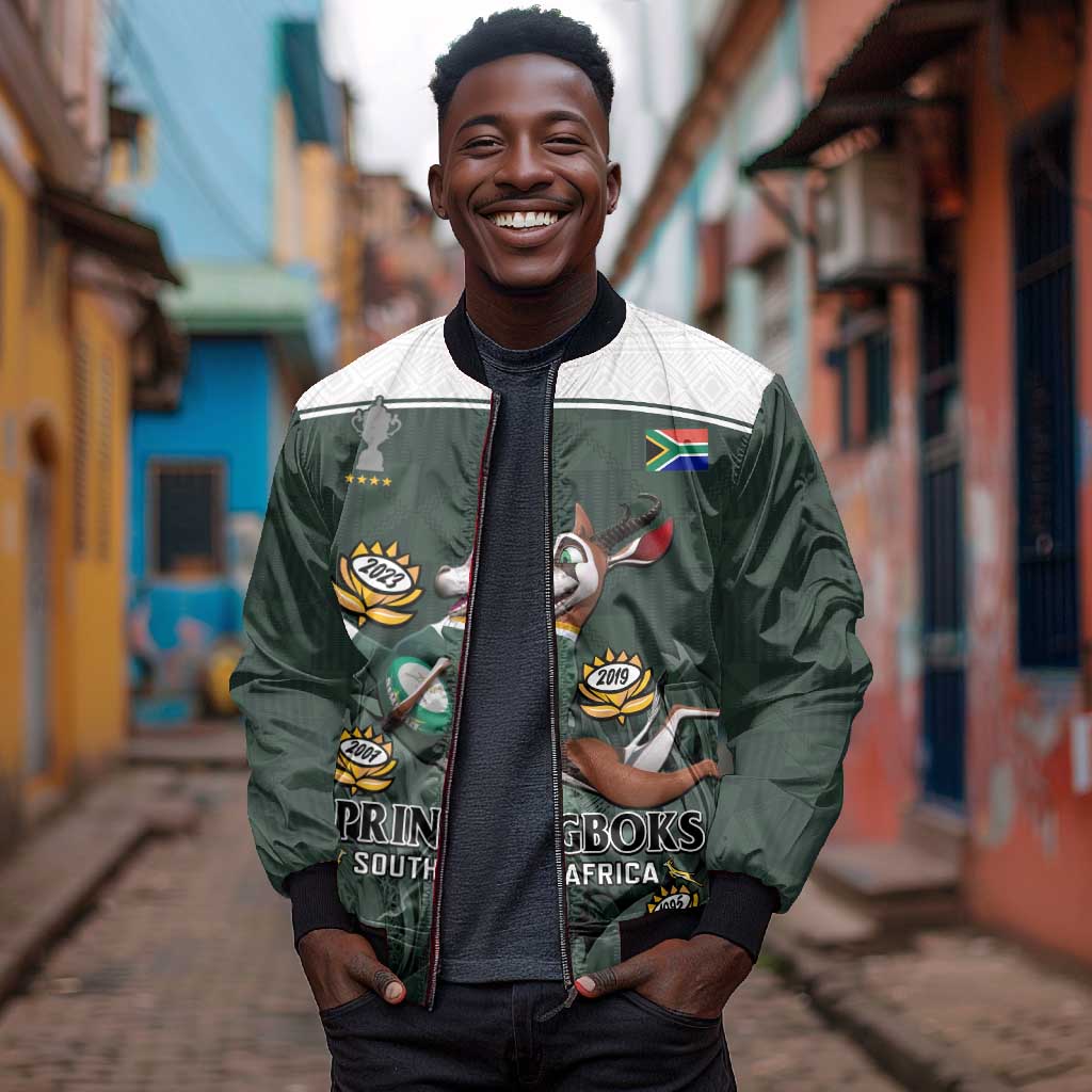 South Africa Rugby Sleeve Zip Bomber Jacket Springboks 4th Champions World Cup Proud Bokke