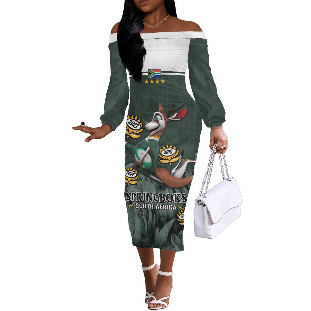 Custom South Africa Rugby Off The Shoulder Long Sleeve Dress Springboks 4th Champions World Cup Proud Bokke