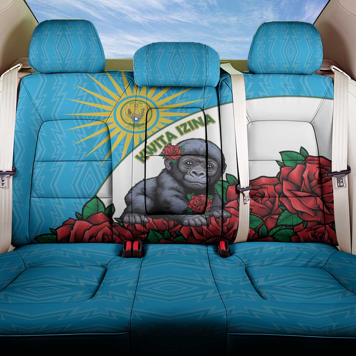 Rwanda’s Gorilla Naming Back Car Seat Cover Baby Gorilla Coat Of Arms With Red Rose - African Pride