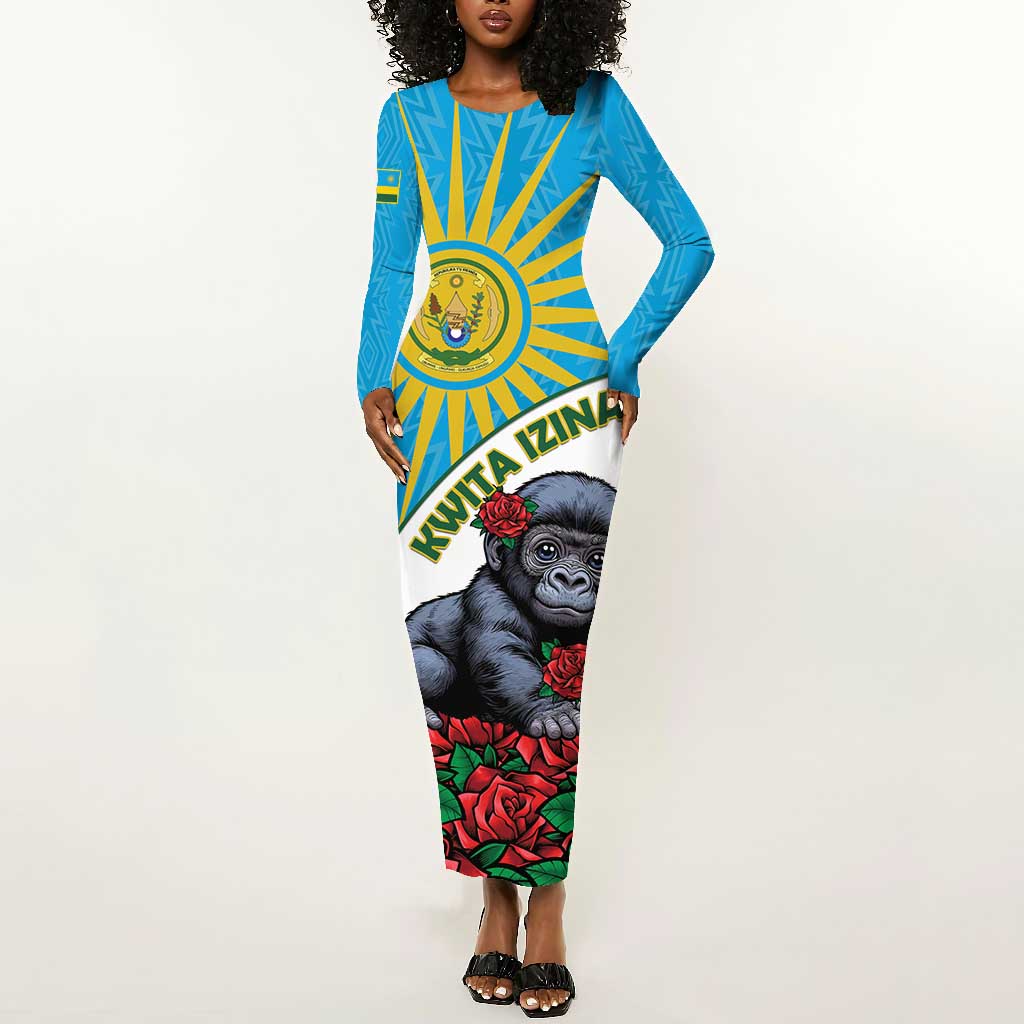 Personalized Rwanda’s Gorilla Naming Long Sleeve Bodycon Dress Baby Gorilla Coat Of Arms With Red Rose - African Pride