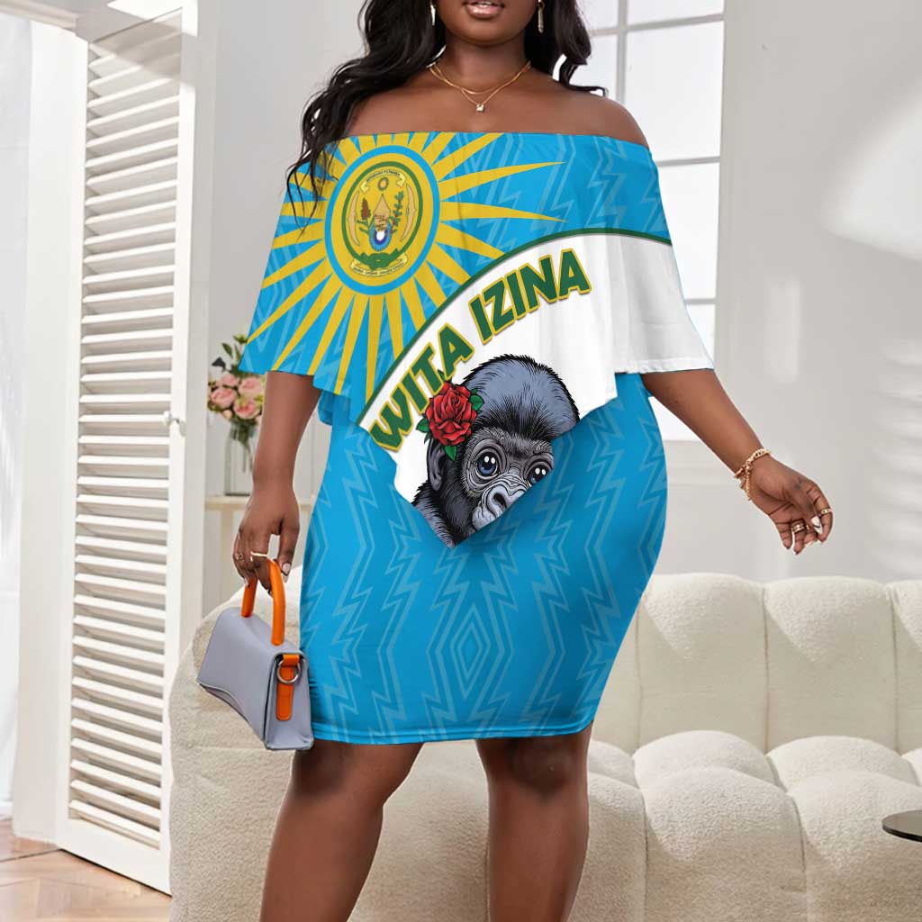 Personalized Rwanda’s Gorilla Naming Off Shoulder Short Dress Baby Gorilla Coat Of Arms With Red Rose - African Pride