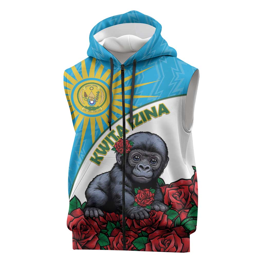 Personalized Rwanda’s Gorilla Naming Sleeveless Zip Hoodie Baby Gorilla Coat Of Arms With Red Rose - African Pride