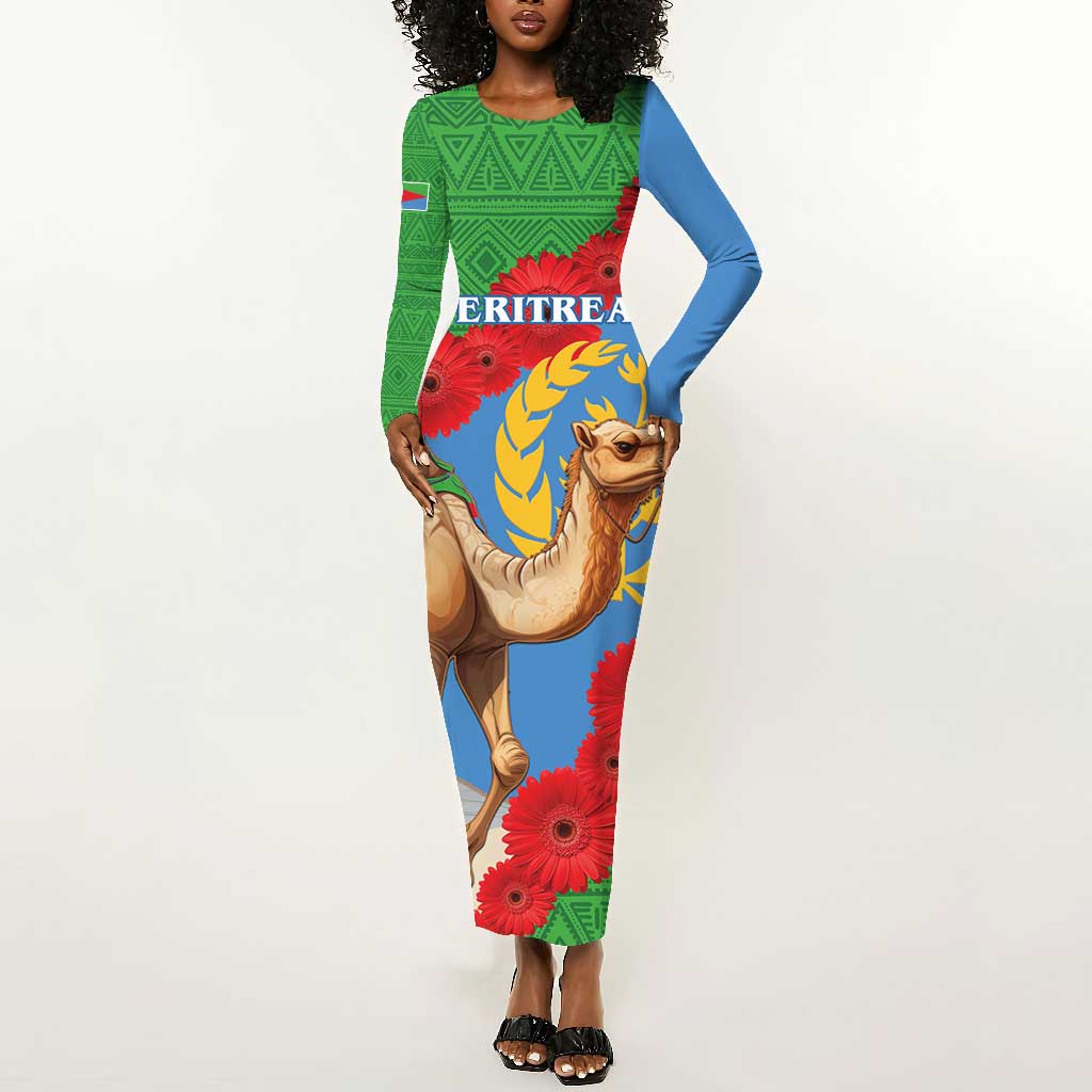 Personalised Eritrea Arabian Camel Long Sleeve Bodycon Dress Gerbera Flower - Flag Color