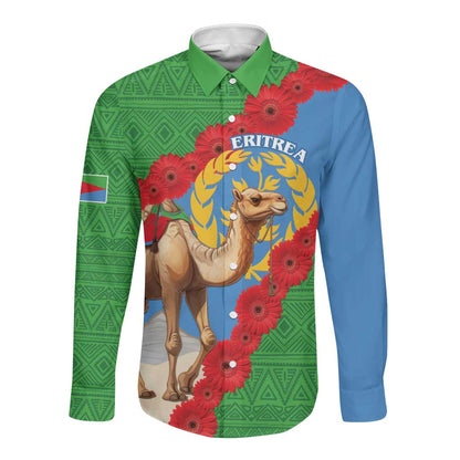 Personalised Eritrea Arabian Camel Long Sleeve Button Shirt Gerbera Flower - Flag Color