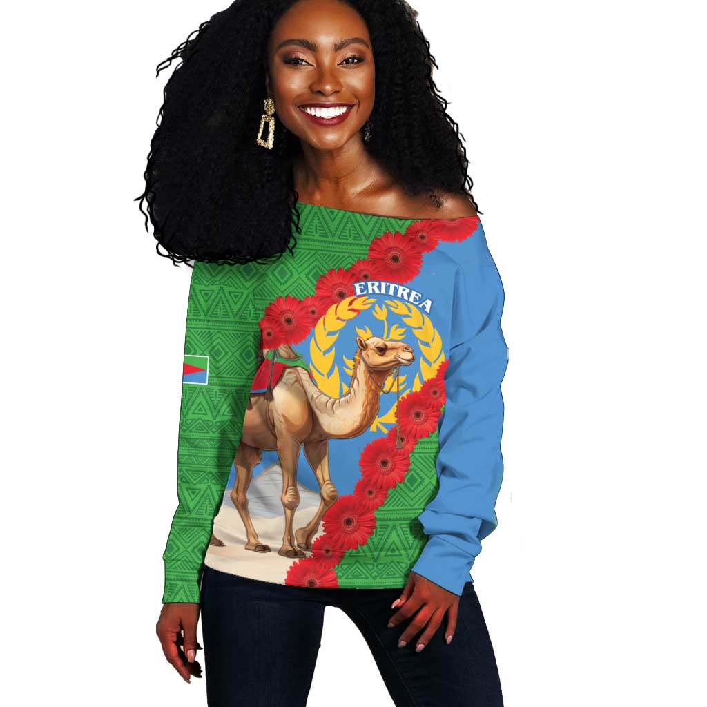 Personalised Eritrea Arabian Camel Off Shoulder Sweater Gerbera Flower - Flag Color