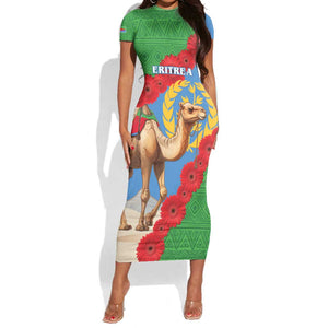 Personalised Eritrea Arabian Camel Short Sleeve Bodycon Dress Gerbera Flower - Flag Color