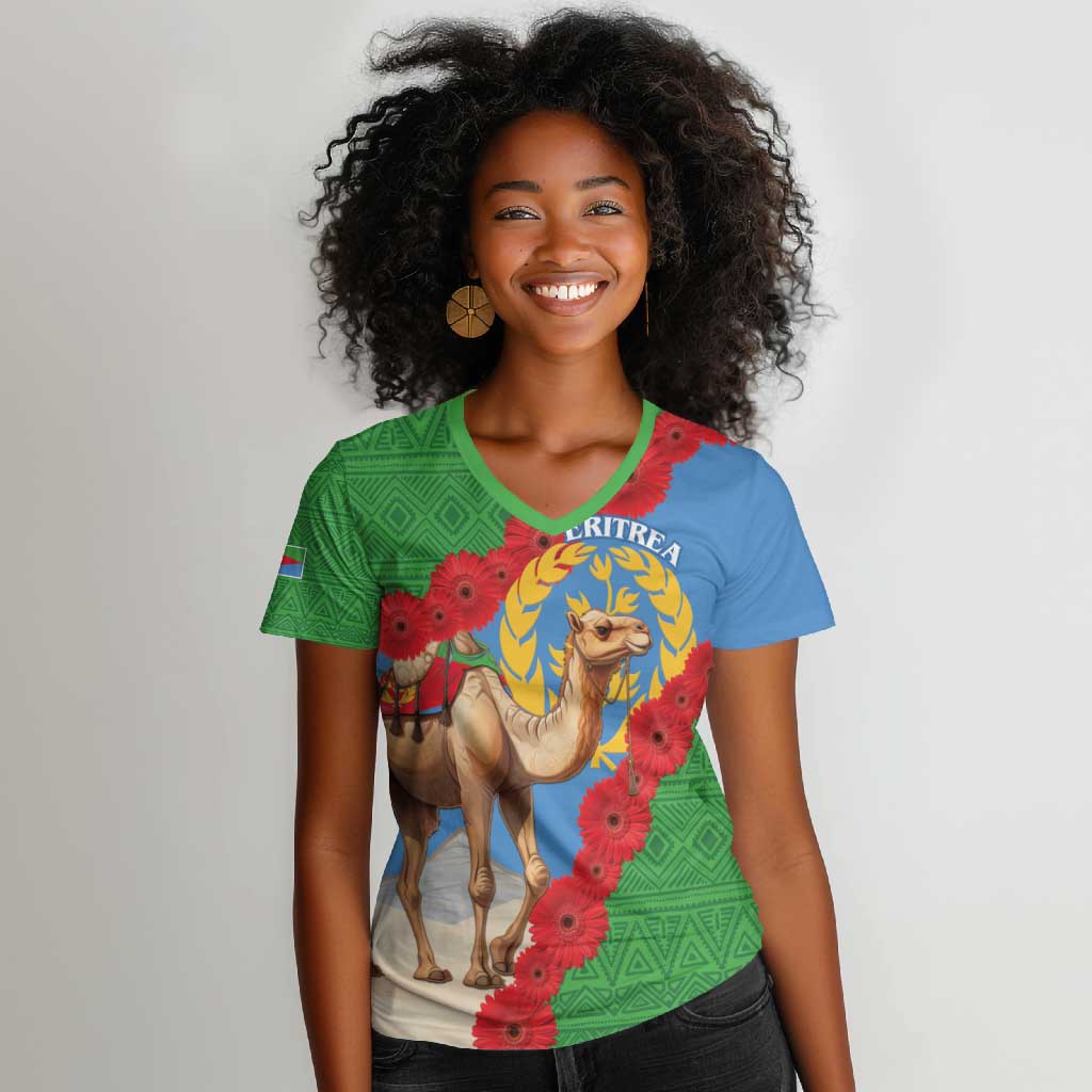 Personalised Eritrea Arabian Camel Women V-Neck T-Shirt Gerbera Flower - Flag Color