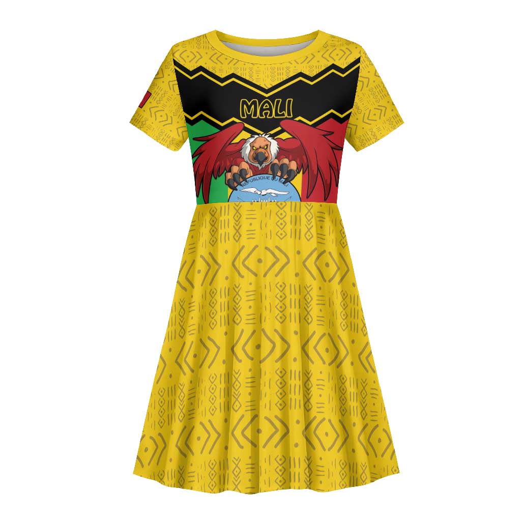 Personalized Afro Mali Vulture Kid Short Sleeve Dress Coat Of Arms - Bogolan Pattern