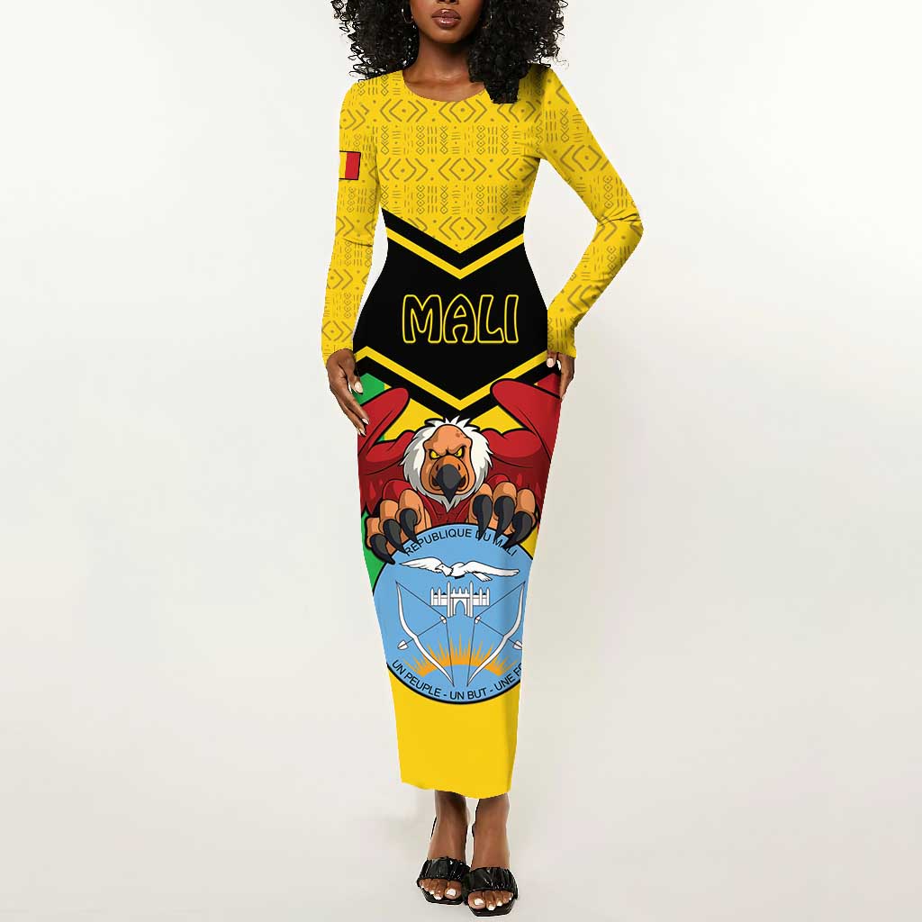 Personalized Afro Mali Vulture Long Sleeve Bodycon Dress Coat Of Arms - Bogolan Pattern