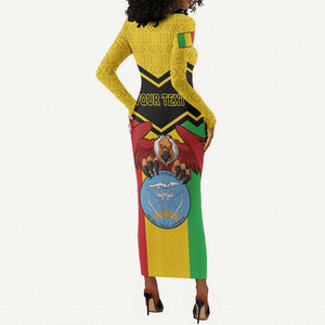 Personalized Afro Mali Vulture Long Sleeve Bodycon Dress Coat Of Arms - Bogolan Pattern