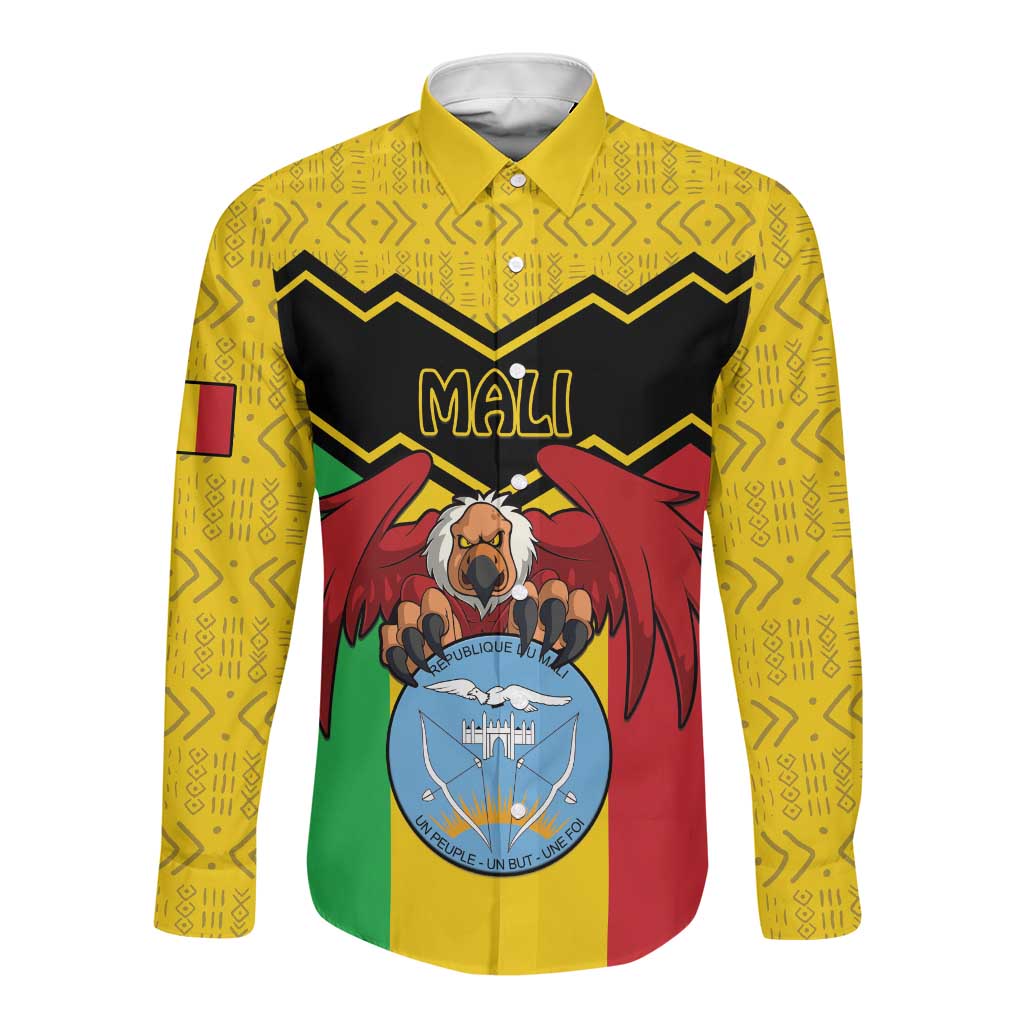 Personalized Afro Mali Vulture Long Sleeve Button Shirt Coat Of Arms - Bogolan Pattern