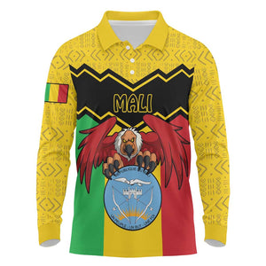 Personalized Afro Mali Vulture Long Sleeve Polo Shirt Coat Of Arms - Bogolan Pattern