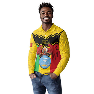 Personalized Afro Mali Vulture Long Sleeve Polo Shirt Coat Of Arms - Bogolan Pattern