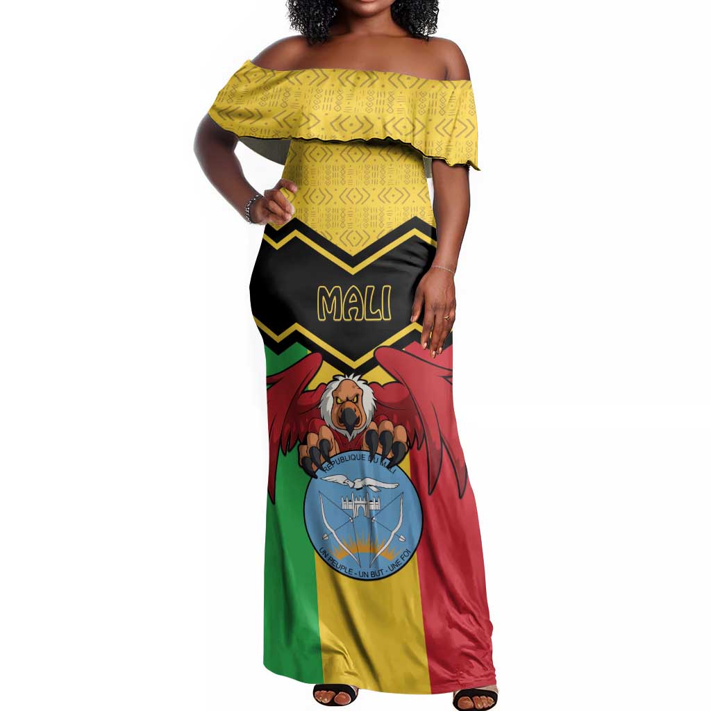 Personalized Afro Mali Vulture Off Shoulder Maxi Dress Coat Of Arms - Bogolan Pattern