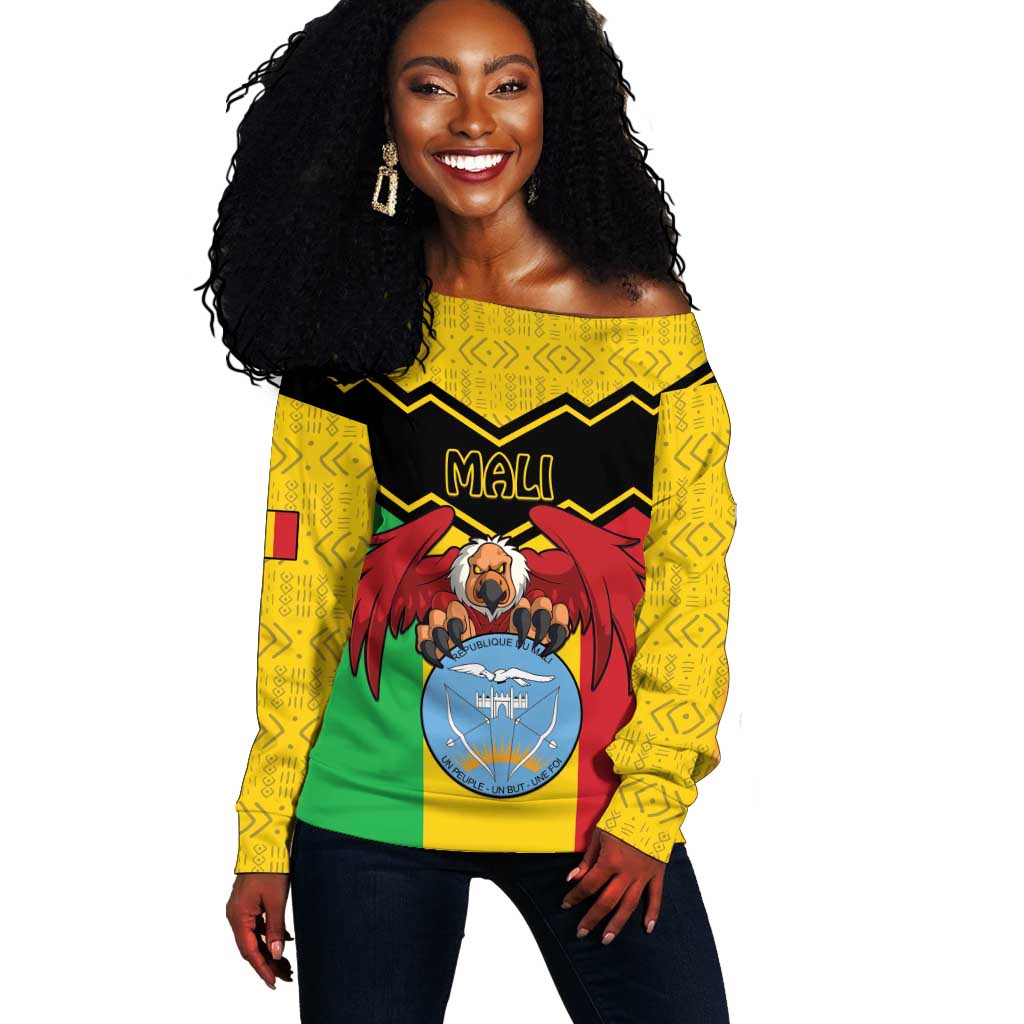 Personalized Afro Mali Vulture Off Shoulder Sweater Coat Of Arms - Bogolan Pattern