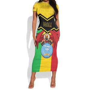 Personalized Afro Mali Vulture Short Sleeve Bodycon Dress Coat Of Arms - Bogolan Pattern