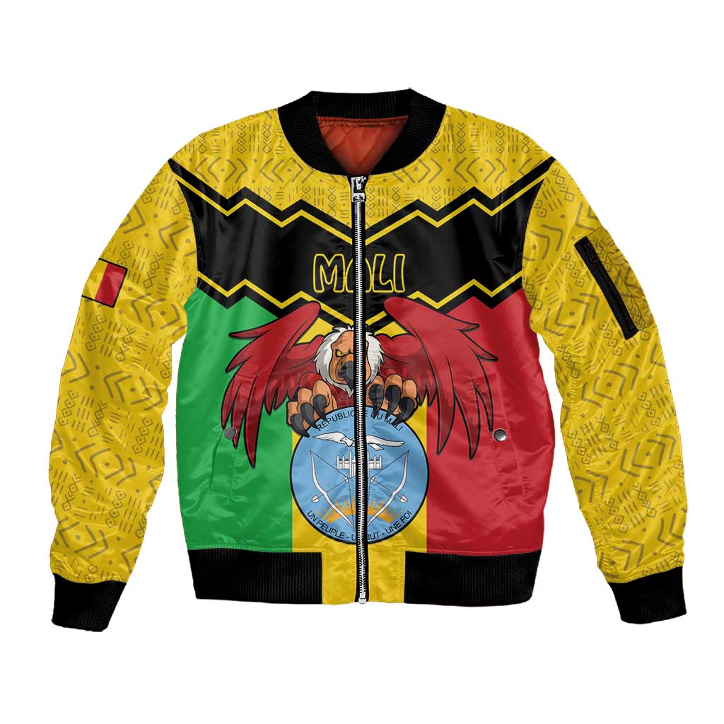 Personalized Afro Mali Vulture Sleeve Zip Bomber Jacket Coat Of Arms - Bogolan Pattern