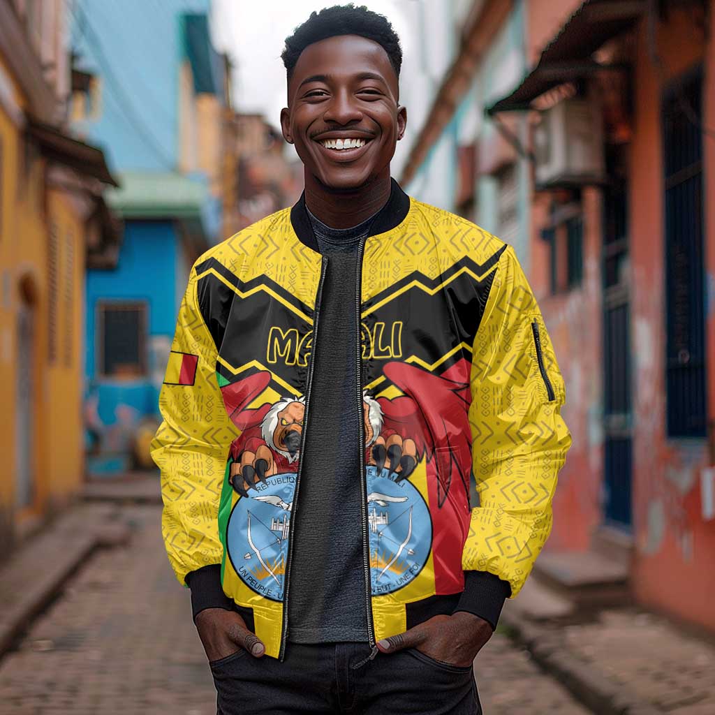 Personalized Afro Mali Vulture Sleeve Zip Bomber Jacket Coat Of Arms - Bogolan Pattern