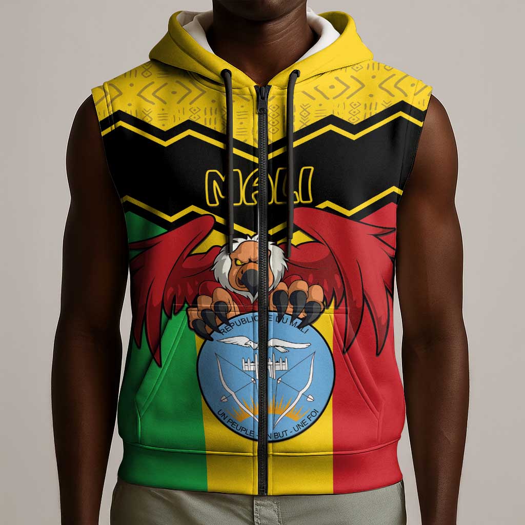 Personalized Afro Mali Vulture Sleeveless Zip Hoodie Coat Of Arms - Bogolan Pattern - African Pride