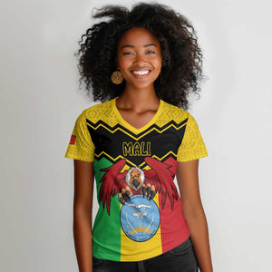 Personalized Afro Mali Vulture Women V-Neck T-Shirt Coat Of Arms - Bogolan Pattern