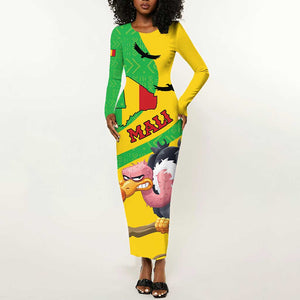 Personalized Afro Mali Vulture Long Sleeve Bodycon Dress Flag Map - Bogolan Pattern