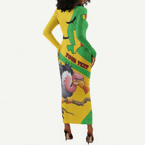 Personalized Afro Mali Vulture Long Sleeve Bodycon Dress Flag Map - Bogolan Pattern