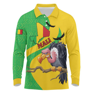 Personalized Afro Mali Vulture Long Sleeve Polo Shirt Flag Map - Bogolan Pattern