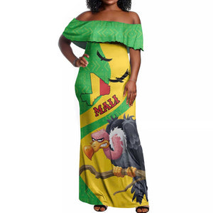 Personalized Afro Mali Vulture Off Shoulder Maxi Dress Flag Map - Bogolan Pattern