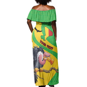 Personalized Afro Mali Vulture Off Shoulder Maxi Dress Flag Map - Bogolan Pattern