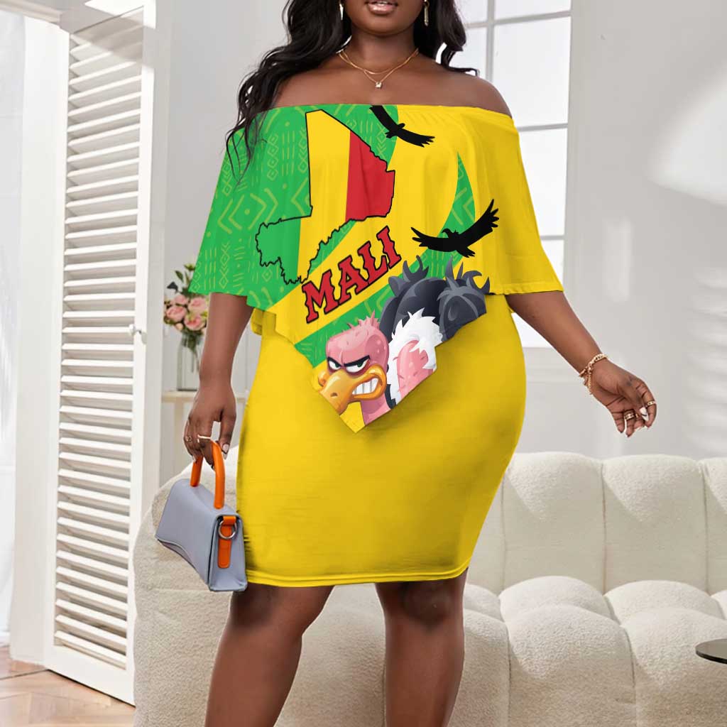 Personalized Afro Mali Vulture Off Shoulder Short Dress Flag Map - Bogolan Pattern