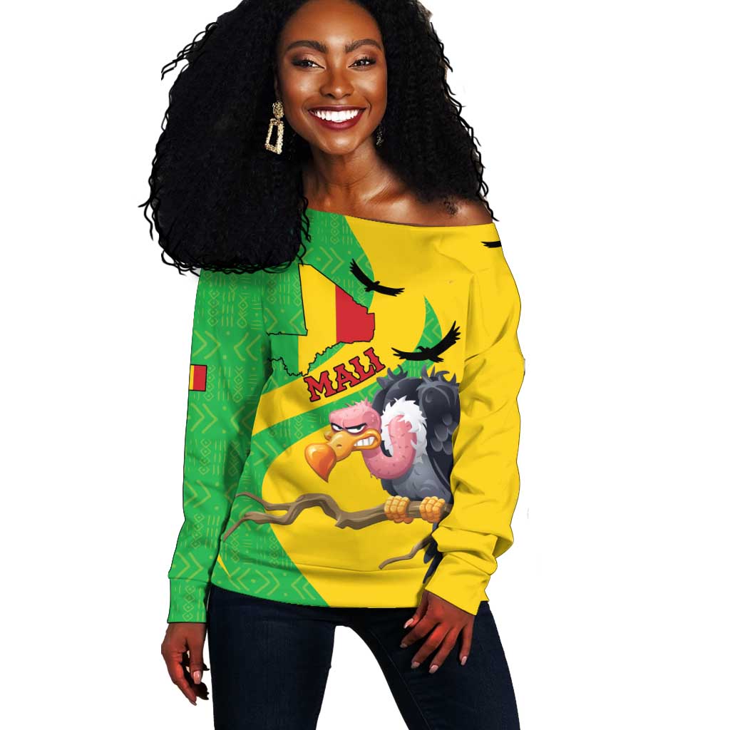 Personalized Afro Mali Vulture Off Shoulder Sweater Flag Map - Bogolan Pattern