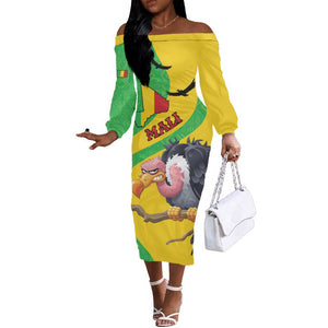 Personalized Afro Mali Vulture Off The Shoulder Long Sleeve Dress Flag Map - Bogolan Pattern