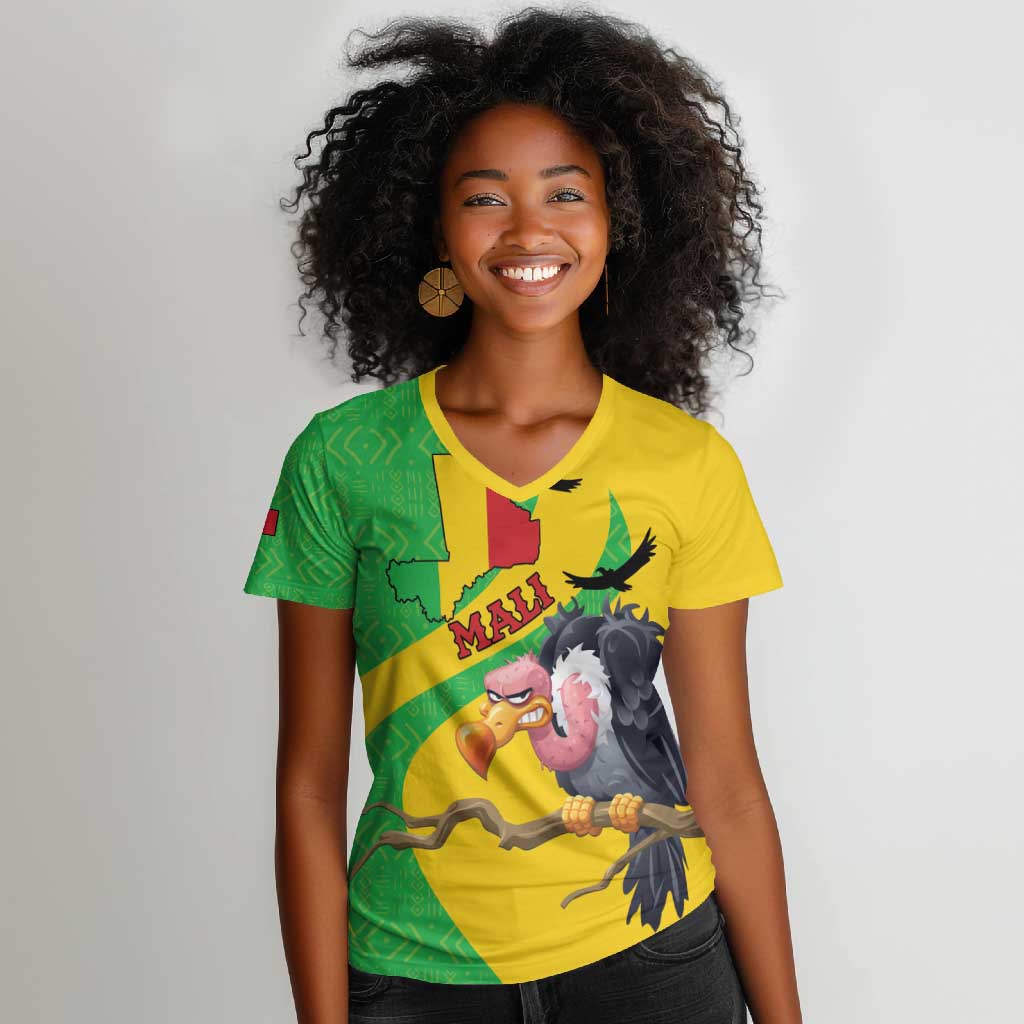 Personalized Afro Mali Vulture Women V-Neck T-Shirt Flag Map - Bogolan Pattern