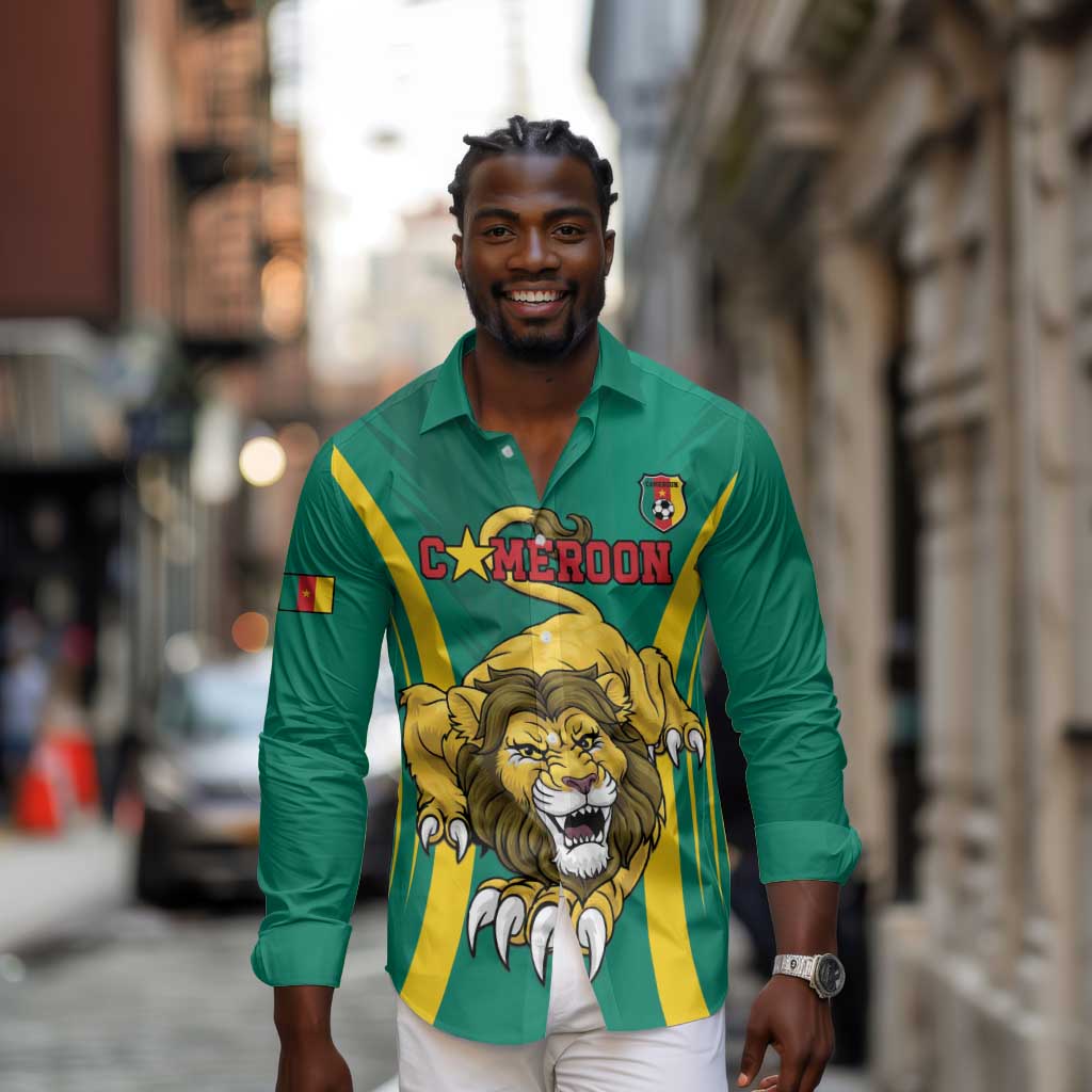 Custom Afro Cameroun Football Long Sleeve Button Shirt Go Les Lions Indomptables