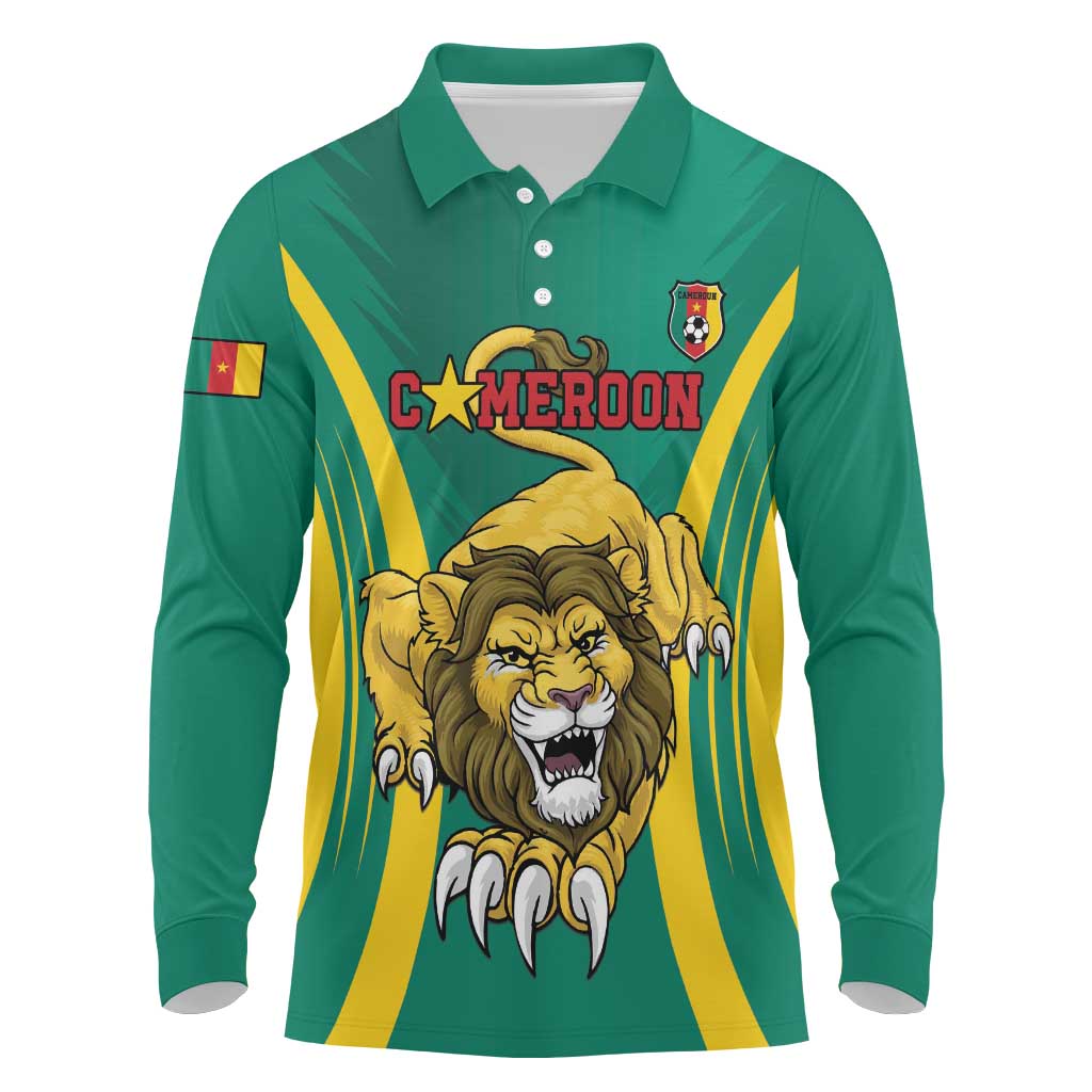 Custom Afro Cameroun Football Long Sleeve Polo Shirt Go Les Lions Indomptables