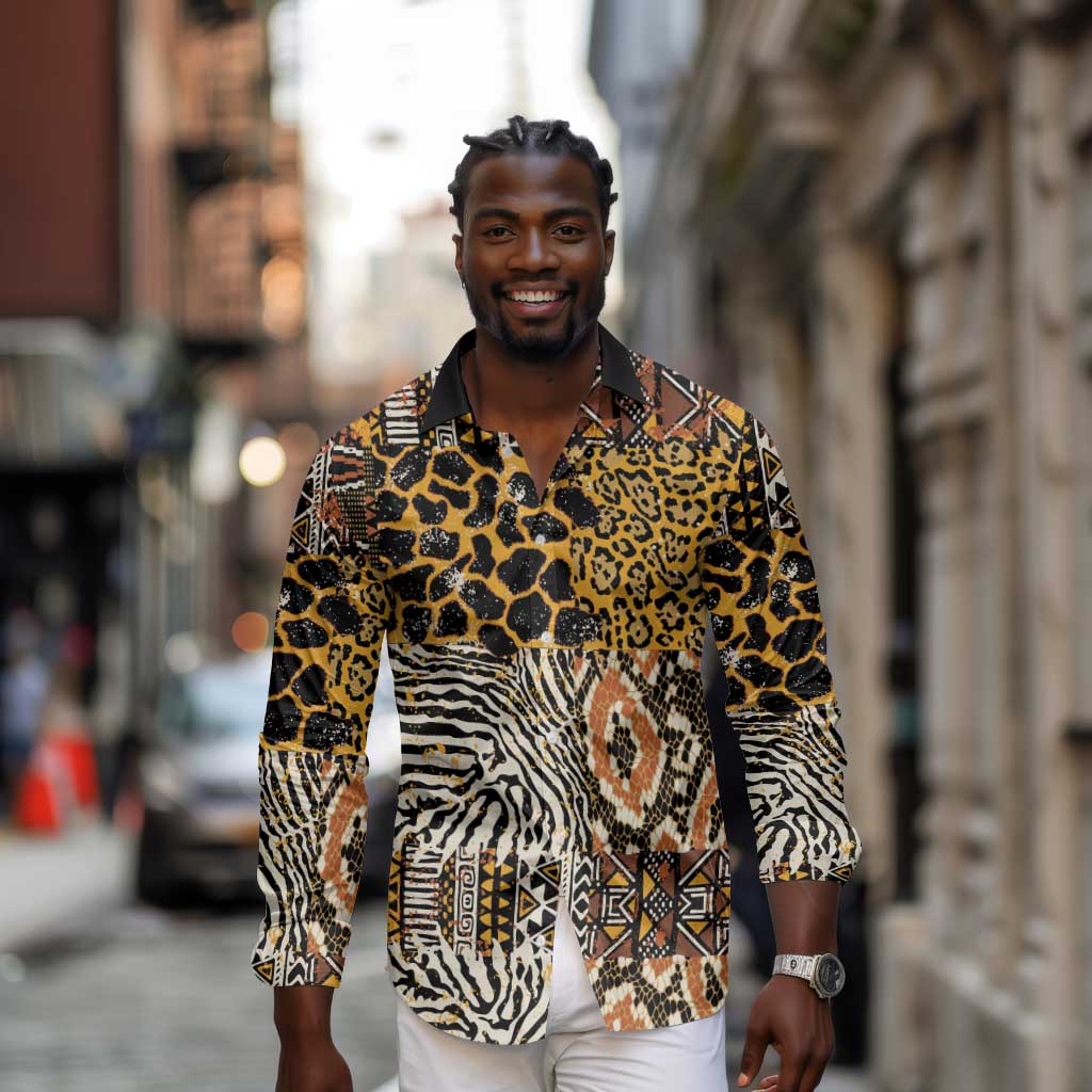 Wild Animal Skins Long Sleeve Button Shirt African Tribal Pattern