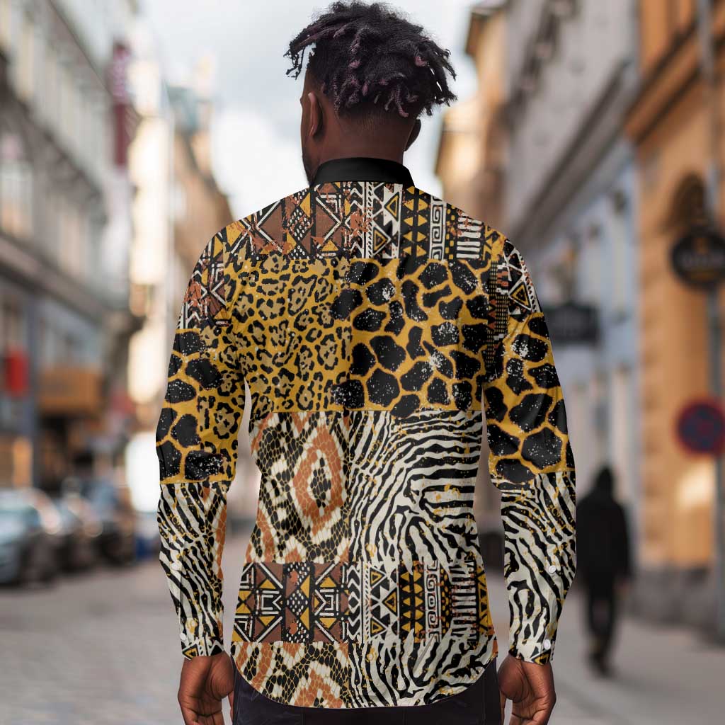 Wild Animal Skins Long Sleeve Button Shirt African Tribal Pattern