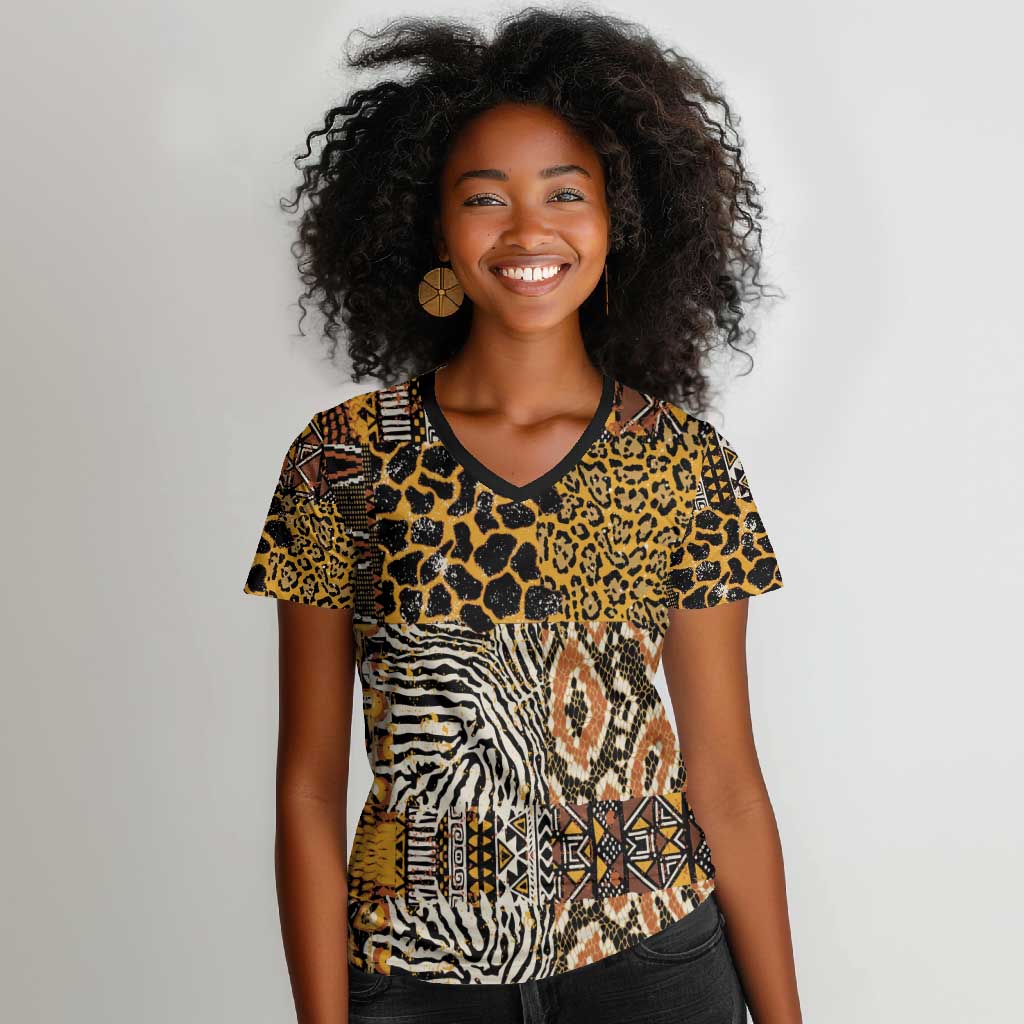 Wild Animal Skins Women V-Neck T-Shirt African Tribal Pattern