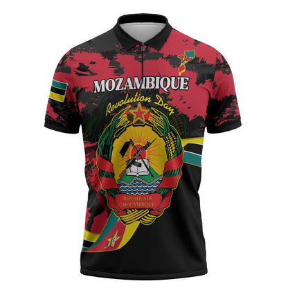 Personalized Mozambique Revolution Day Zipper Polo Shirt Coat Of Arms FRELIMO