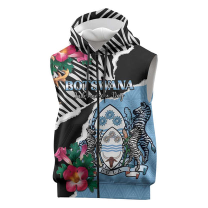 Personalized Botswana Independence Day Sleeveless Zip Hoodie Kalahari Devils Claw Zebra With Arican Pattern - African Pride